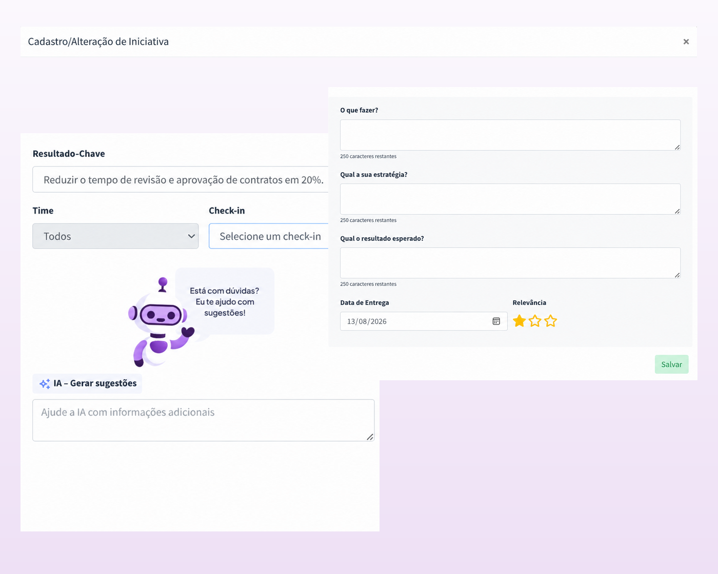 Cadastro de resultado-chave com assistente de inteligência artificial do Software IDEST OKR